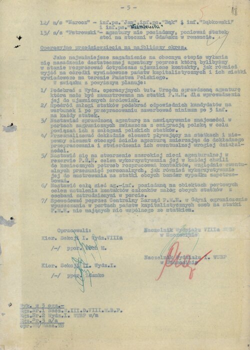 Strona piąta Planu zabezpieczenia statków Polskiej Marynarki Handlowej przed działalnością obcej agentury, dokument WUBP w Szczecinie z 5 października 1951