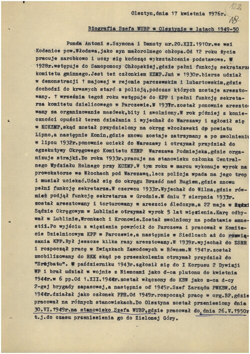 Sporządzona w strukturach MSW PRL w 1976 r. nota biograficzna o płk. Antonim Pundzie... Z zasobu IPN