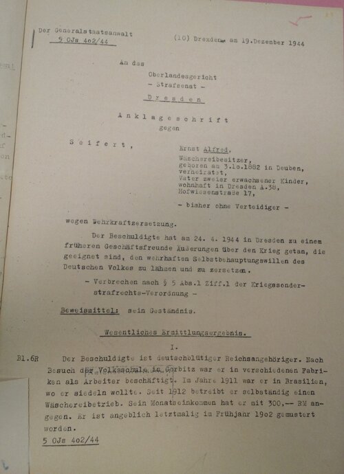 Sprawa Alfreda Seiferta: akt oskarżenia. Z zasobu Bundesarchiv (fotokopia w zbiorach Autora)
