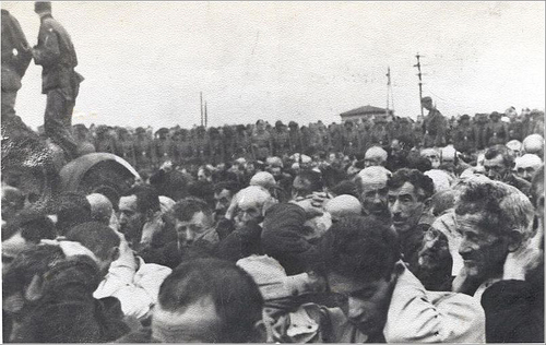 Fotografia przedstawiająca ludność stłoczona w dużej grupie w pozie z rękoma założonymi za głowę. Zgromadzenie otoczone przez umundurowanych żołnierzy.