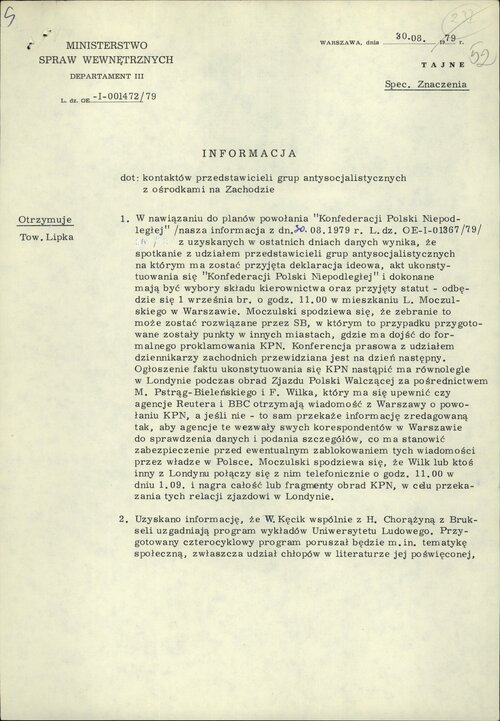 Jedna z notatek MSW PRL na temat okoliczności powstawania KPN, 30 sierpnia 1978 (s. 1). Z zasobu IPN