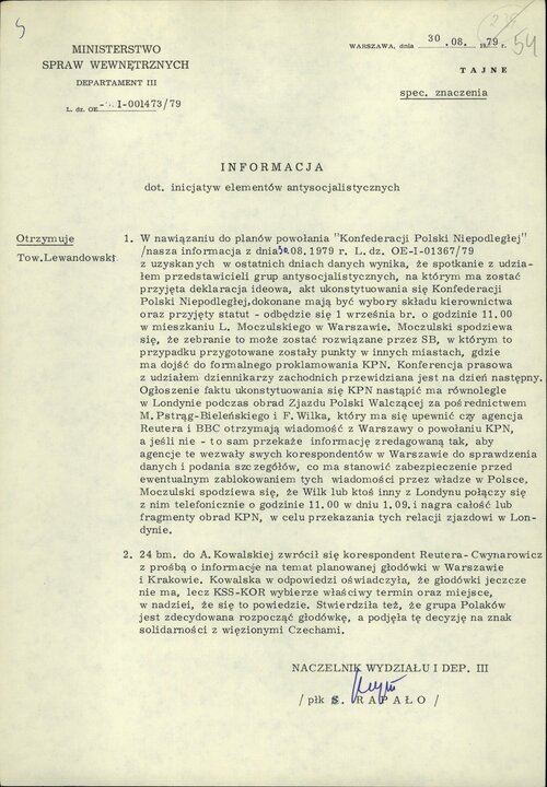 Inna notatka MSW PRL na temat wykrytych planów utworzenia przez <i>elementy antysocjalistyczne</i> Konfederacji Polski Niepodległej, 30 sierpnia 1978. Z zasobu IPN