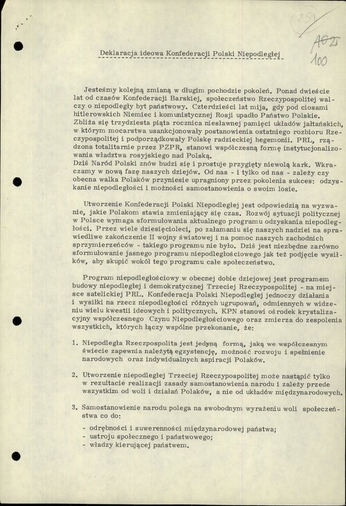 <i>Deklaracja ideowa Konfederacji Polski Niepodległej</i>, s. 1. Z zasobu IPN