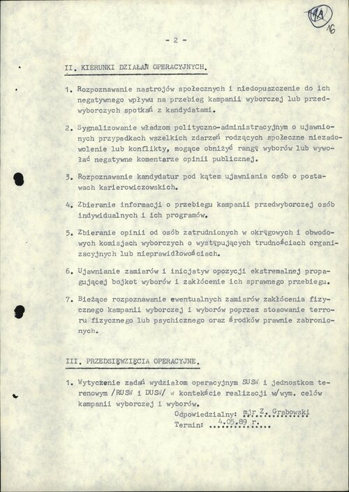 <i>Plan czynności operacyjnych w sprawie krypt. "Koalicja" nr ewid. 49358</i> (s. 2), 4 maja 1989. Z zasobu IPN