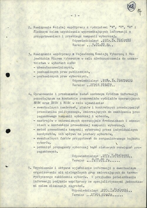 <i>Plan czynności operacyjnych w sprawie krypt. "Koalicja" nr ewid. 49358</i> (s. 3), 4 maja 1989. Z zasobu IPN