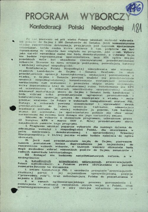 <i>Program wyborczy Konfederacji Polski Niepodległej</i> (s. 1), „wybory czerwcowe” 1989 r. Z zasobu IPN