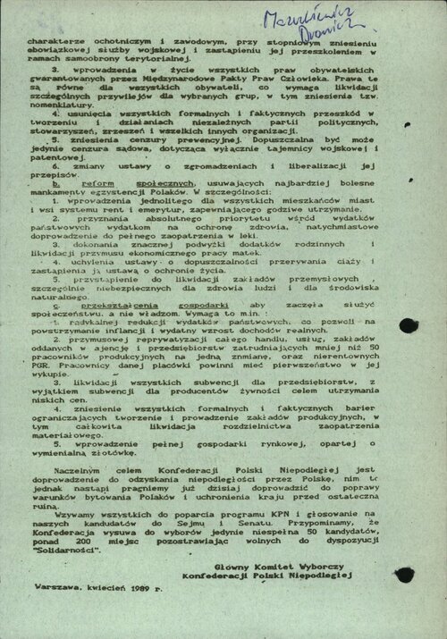 <i>Program wyborczy Konfederacji Polski Niepodległej</i> (s. 2), „wybory czerwcowe” 1989 r. Z zasobu IPN