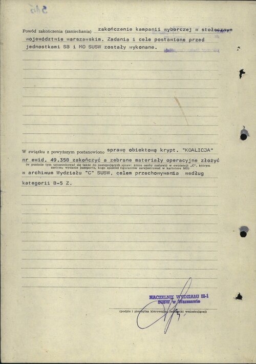 <i>...Zadania i cele postawione przed jednostkami SB i MO SUSW zostały wykonane...</i> Wniosek o zakończenie sprawy obiektowej kryptonim „Koalicja”, 8 września 1989 (s. 2). Z zasobu IPN