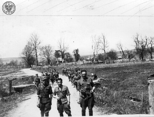 Oddział komunistycznej armii podczas działań operacyjnych w terenie (kwiecień-maj 1947 r.). W tle widoczne zabudowania zniszczonej (przez UPA?) wsi Wola Michowa. Fot. z zasobu IPN
