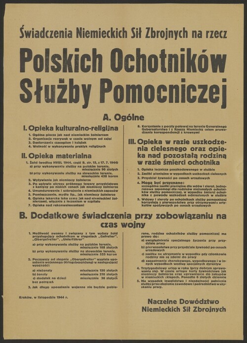 Niemiecki plakat zachęcający Polaków do wstępowania do <i>Służby Pomocniczej</i> Wehrmachtu, okupowany przez Niemców Kraków, listopad 1944. Ze zbiorów cyfrowych Biblioteki Narodowej (polona.pl)