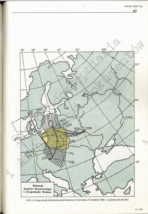 Graficzne przedstawienie obszaru Europy środkowej i wschodniej z oznaczeniem obszaru odziaływania chmury radioaktywnej - głównie nad Polską