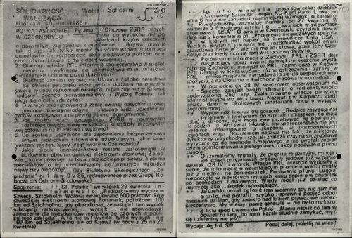 Kartka papieru wypełniona drobnym, słabej jakości drukiem na temat katastrofy w Czarnobylu