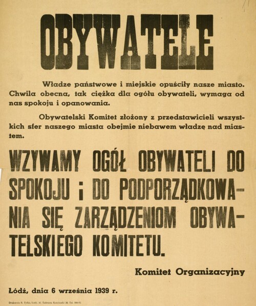 Wezwanie Komitetu Organizacyjnego Obywatelskiego Komitetu do mieszkańców Łodzi, 6 września 1939