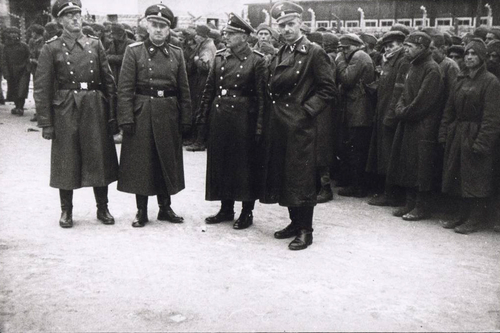 Grupa stojących mężczyzn, na drugim planie mężczyźni ustawieni w szeregu