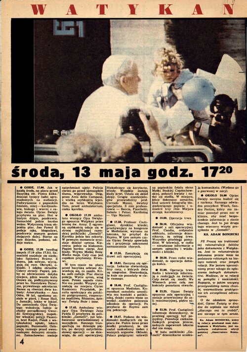 Fragmenty czasopisma „Przekrój” (nr 1885, 24 maja 1981 r.) z artykułem dotyczącym zamachu na papieża Jana Pawła II przeprowadzonego 13 maja 1981 roku na Placu Św. Piotra