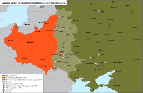 Mapa z teki edukacyjnej IPN „Operacja polska” NKWD 1937–1938 przedstawia m.in. wskazanie położenia poza wschodnią granica II RP tzw. Polskich Rejonów Narodowych w ZSRS
