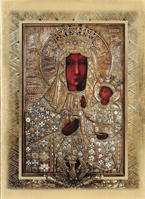 Obraz przedstawiający Matkę Bożą w zdobionym płaszczu, złożonym z przekazanych jako wotywa orderów