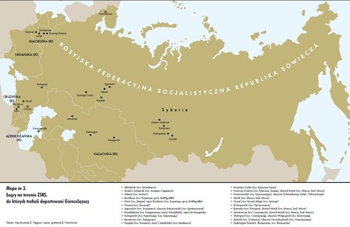 Łagry na terenie ZSRS, do których trafiali deportowani Górnoślązacy. Oprac. merytoryczne D. Węgrzyn, oprac. graficzne B. Nikonowicz. Za: <i>Deportacje Górnoślązaków do ZSRS w 1945 roku. Teka edukacyjna</i>, IPN Oddział w Katowicach, 2020, wydanie II rozszerzone i zaktualizowane