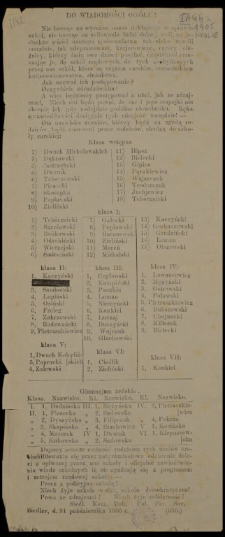 Komunikat Polskiej Partii Socjalistycznej - Siedleckiego Komitetu Robotniczego o uczniach chodzących, mimo bojkotu, do szkół rosyjskich, 31 października 1905 r. Ze zbiorów cyfrowych Biblioteki Narodowej (polona.pl)
