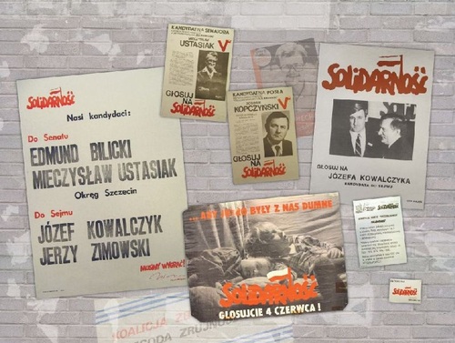 Grafika przedstawiające plakaty z kampanii wyborczej Solidarności na tle pola stylizowanego na ceglaną ścianę.Na przedstawionych drukach znaki, osoby i hasła związane z kampanią wyborczą.