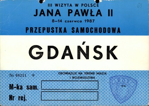 Przepustka samochodowa obowiązująca w dniach 8-14 czerwca 1987 r. na terenie Gdańska i województwa gdańskiego. Z zasobu IPN