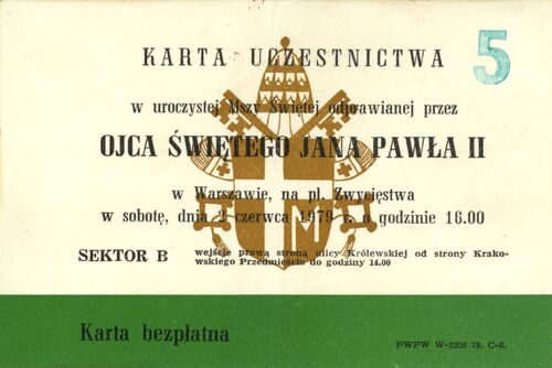 Karta uczestnictwa w mszy św. odprawionej przez Jana Pawła II w Warszawie w dniu 2 czerwca 1979 r. Z zasobu IPN (dar Jana Semenowicza)
