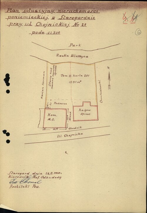 Szkic przedstawiający położenie budynku komendy MO względem najbliższych ulic i bliskiej okolicy.