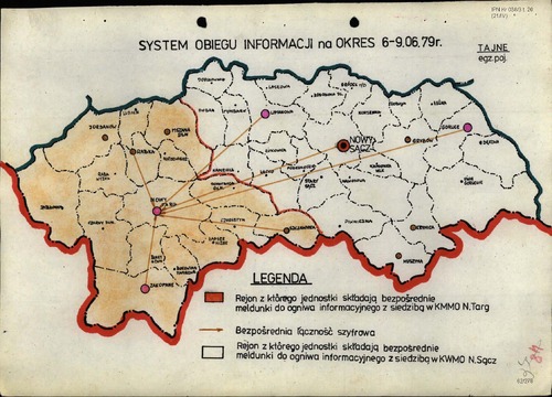 Mapa przedstawiająca region podhalański z zarysem &quot;systemu obiegu informacji&quot; służb.