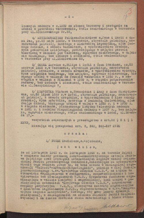 Tzw. WSR w Warszawie na drugiej stronie wyroku z 19 listopada 1948 r. wymienia następnych skazywanych przywódców PPS - WRN. Z zasobu IPN