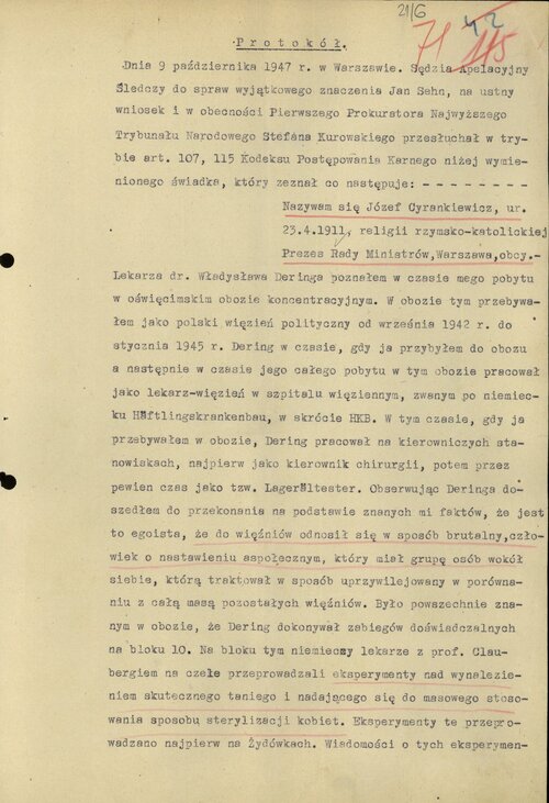 Zeznanie Józefa Cyrankiewicza, więźnia Auschwitz, na temat działalności w obozie... (s. 1). Z zasobu IPN