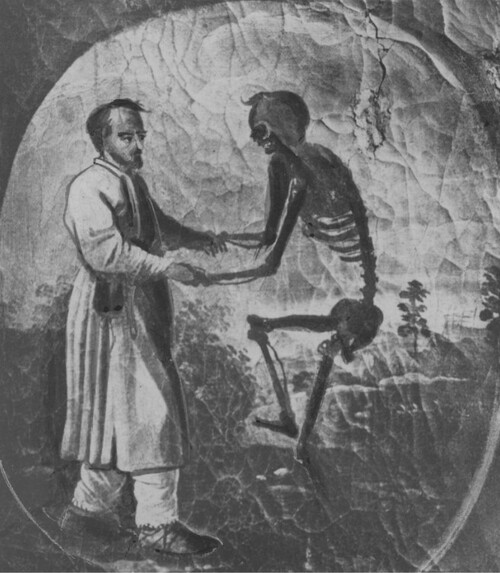 Fragment obrazu „Taniec śmierci” w kościele św. Bernardyna ze Sieny przy klasztorze oo. Bernardynów w Krakowie. Zdjęcie sprzed 1939 r. Ze zbiorów Narodowego Archiwum Cyfrowego