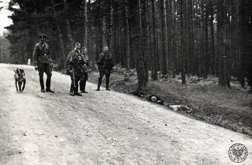 Niemcy z aresztowanymi mieszkańcami wsi, Michniów, 12 VII 1943 r. Fot. z zasobu IPN