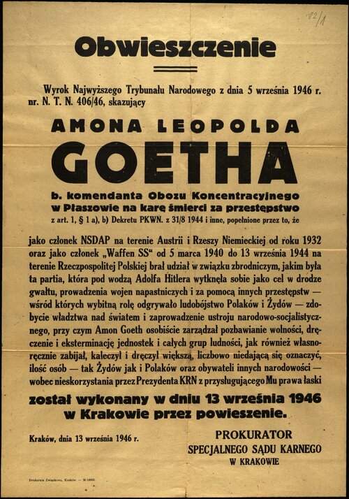 Obraz obwieszczenia zawierającego także informacje o zbrodniczej służbie Amona Götha