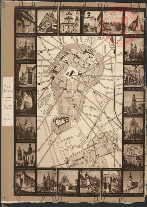 Plan Krakowa w obrysie zawierającym fotografie różnych miejsc tego miasta