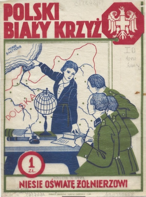Cegiełka Polskiego Białego Krzyża z lat 30. XX w. Druk z napisem: Polski Biały Krzyż niesie oświatę żołnierzowi - 1 zł.