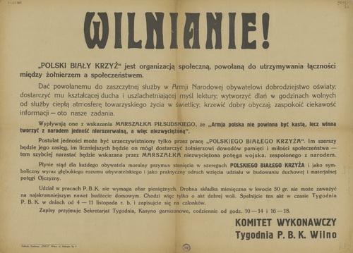 Druk 1933 r. z napisem: Wilnianie! Polski Biały Krzyż jest organizacją społeczną, powołaną do utrzymywania łączności między żołnierzem a społeczeństwem [...].