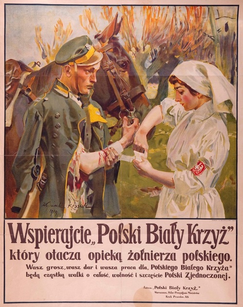 Plakat z hasłem wzywającym do wsparcia Polskiego Białego Krzyża z reprodukcją obrazu Wojciecha Kossaka. Druk przedstawiający obraz, na którym sanitariuszka opatruje rannego żołnierza. Niżej napis: Wspierajcie Polski Biały Krzyż, który otacza opieką żołnierza polskiego. Wasz grosz, wasz dar i wasza praca dla Polskiego Białego Krzyża będą cząstką walki o całość, wolność i szczęście Polski Zjednoczonej.