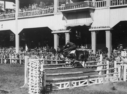 Jeździec w mundurze żołnierskim przeskakujący na koniu przez bariery. W tle trybuny z publicznością.