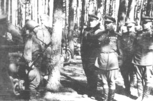 Niewyraźne zdjęcie stojącego w lesie mężczyzny w mundurze sowieckim