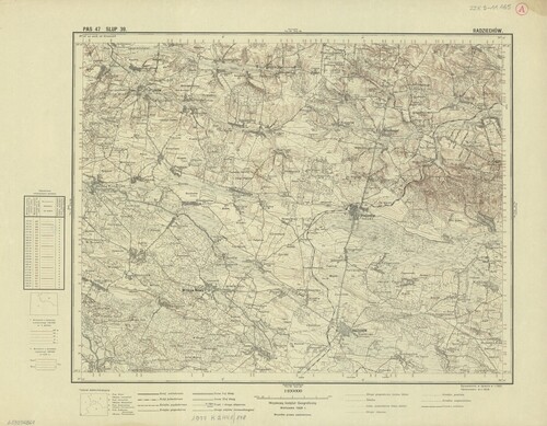 Opatrzona legendą karta z mapy topograficznej, z naniesionymi miejscowościami