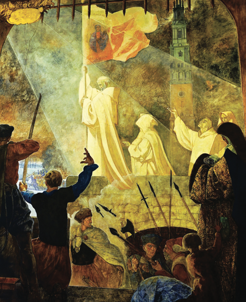 Obraz przedstawiający alegorię przeora Kordeckiego kroczącego ze sztandarem maryjnym na Wałach Jasnej Góry, pod którymi znajdują się broniący klasztoru częstochowskiego rycerze