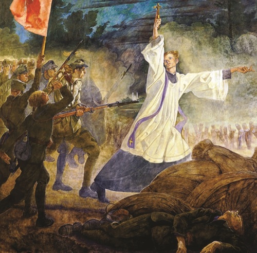 Obraz przedstawiający scenę kapłana w stroju liturgicznym kroczącego na czele żołnierzy.
