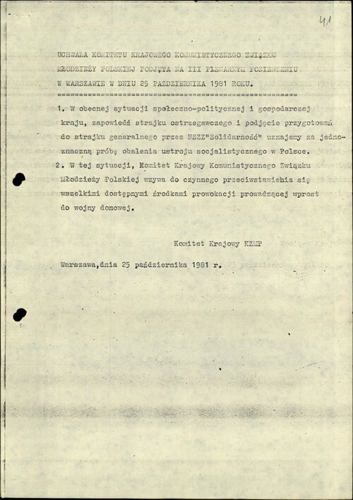 Kopia uchwały Komitetu Krajowego Komunistycznego Związku Młodzieży Polskiej z 25 października 1981 r. wzywającej <i>do czynnego przeciwstawienia się wszelkimi dostępnymi środkami</i> zapowiadającej strajki „Solidarności”. Z zasobu IPN