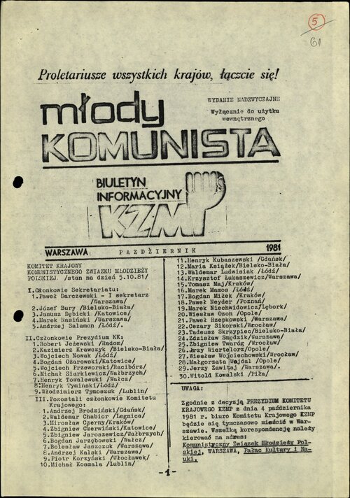 Kopia pierwszej strony jednego z numerów „Młodego Komunisty” - biuletynu Komunistycznego Związku Młodzieży Polskiej. Z zasobu IPN
