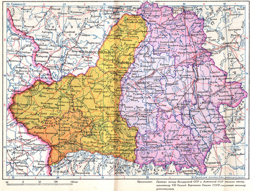 Mapa Białoruskiej Socjalistycznej Republiki Sowieckiej z 1940 r. Żółtym odcieniem zaznaczone anektowane w 1939 r. terytoria II Rzeczypospolitej, włącznie z Białostocczyzną (domena publiczna)