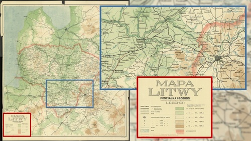 Mapa międzywojennej Litwy z wyróżnieniem obszaru między Kownem i Wilnem w granicach II RP. Mapa Wojskowego Instytutu Geograficznego z 1925 r. ze zbiorów Biblioteki Narodowej