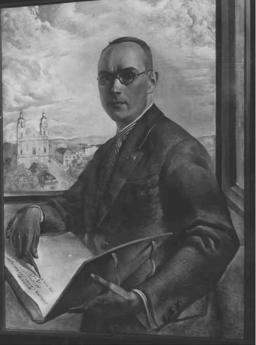 <i>Autoportret z teką</i> obraz olejny z 1934 r. Ludomira Sleńdzińskiego (1889-1980), polskiego malarza, rzeźbiarza i pedagoga w 1943 roku osadzonego w obozie w Prawieniszkach. Fot. NAC