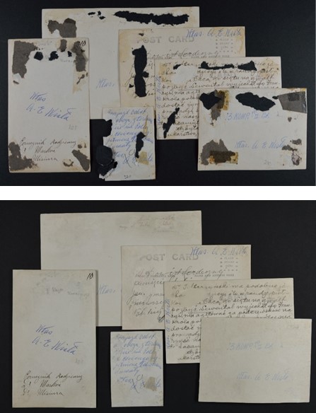Odwrocia kilku przykładowych zdjęć przed konserwacją i po niej. Na górnym zdjęciu można zauważyć resztki szarego i czarnego papieru z albumów, w którym były wcześniej wklejone (fot. 16, 17)