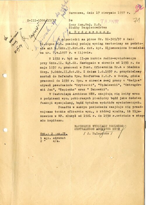 Dokument z materiałów policji politycznej PRL gromadzonych w związku z inwigilacją Bronisława Eljaszewicza. Dokument sporządzony w Warszawie 17 sierpnia 1957 roku.