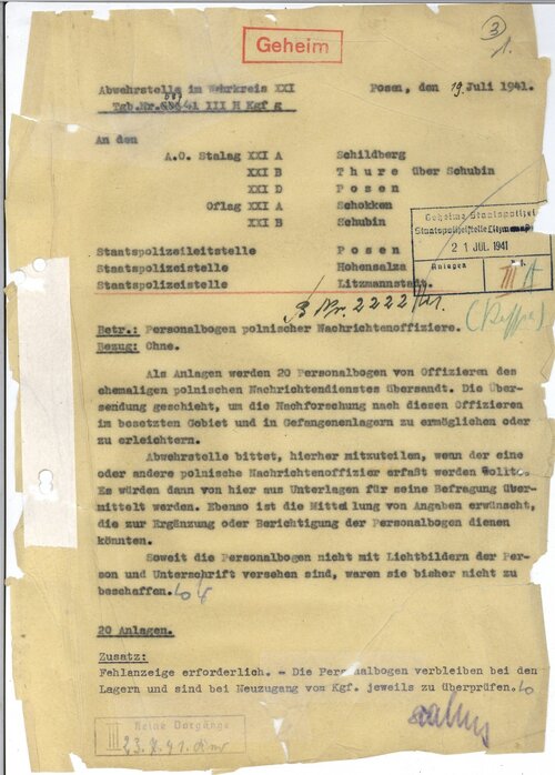 Sporządzone w języku niemieckim pismo placówki niemieckiego kontrwywiadu w okręgu wojskowym XXI w okupowanym Poznaniu do różnych instytucji terroru Niemców wobec Polaków z materiałami o poszukiwanych oficerach polskiego wywiadu, w tym Bronisławie Eljaszewiczu. Pismo datowane na 19 lipca 1941 roku.